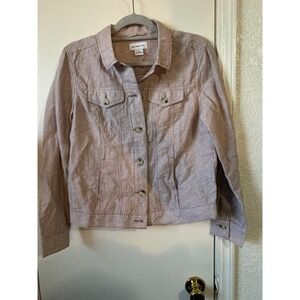 Liz Claiborne Tan White Striped Linen Blend Button Front Trucker Jacket Small